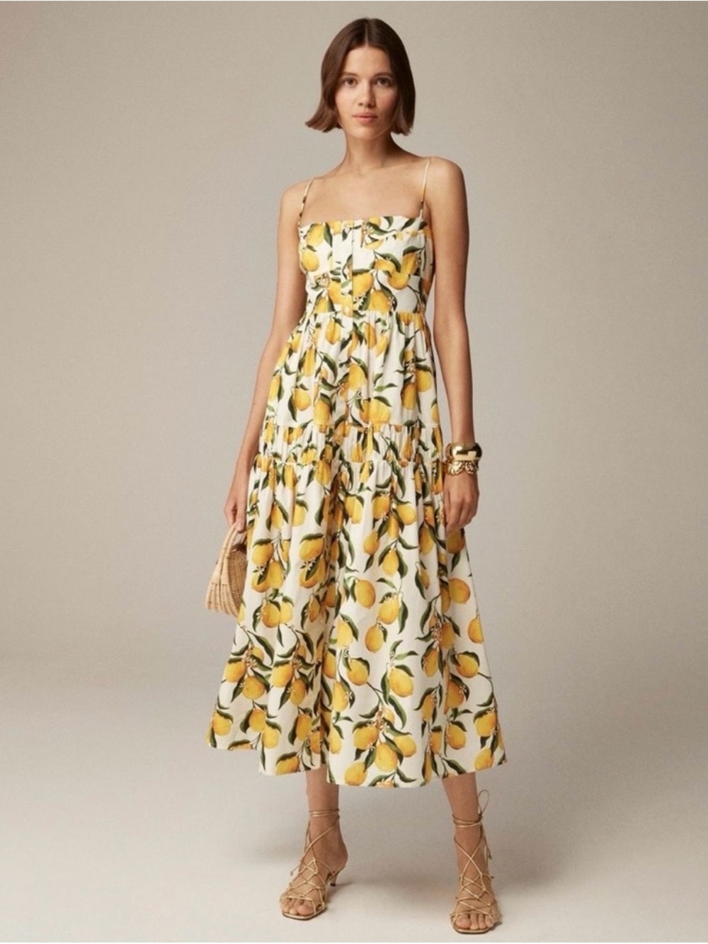 J. Crew Limoncello Vintage Lemon Print Spaghetti-Strap Midi Dress New NWT 16